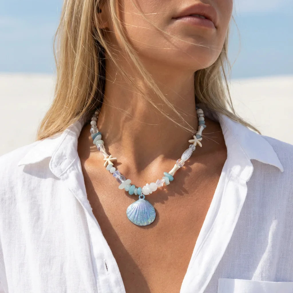 Boho Y2K Cute Shell Starfish Necklace for Women 2026 Summer Beach Vibe Beaded Ch
