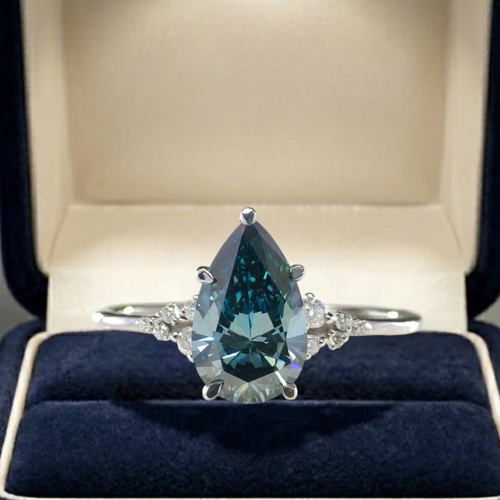 Fancy Intense Blue 2.15 CT Pear Cut Lab Grown Diamond Women Ring 14K White Gold