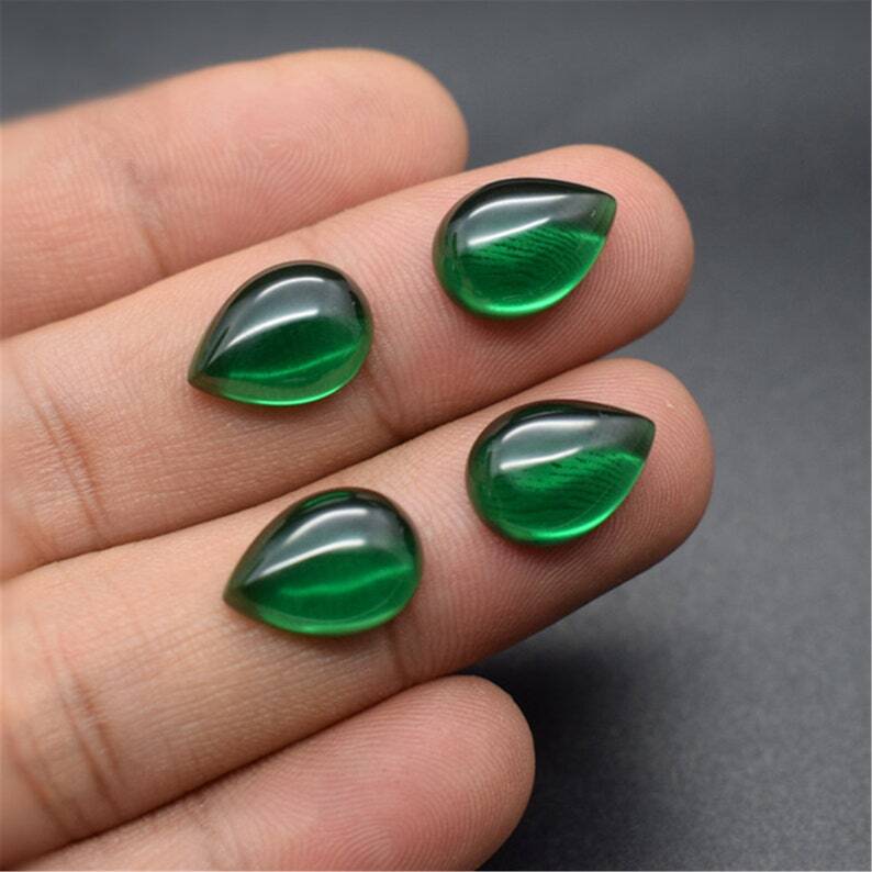 AAA Green Emerald Pear Flat Back Cabochon Synthetic Loose Gemstone Calibrated