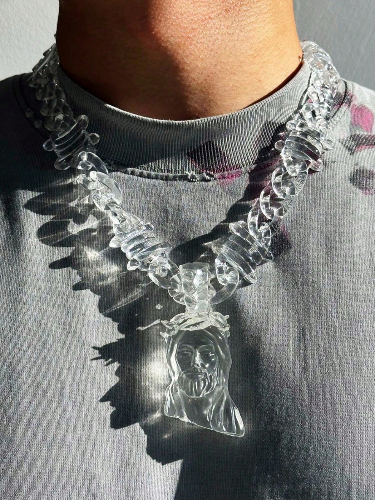 Jesus Portrait Pendant Necklace & 24″ Transparent Acrylic Thorns Chain Necklace