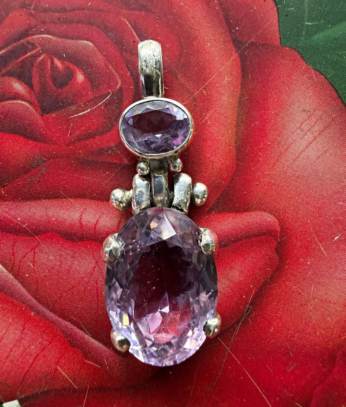Silver & Purple Amethyst Pendant, 2 Oval Gemstones, Prong Set, Oval Shape