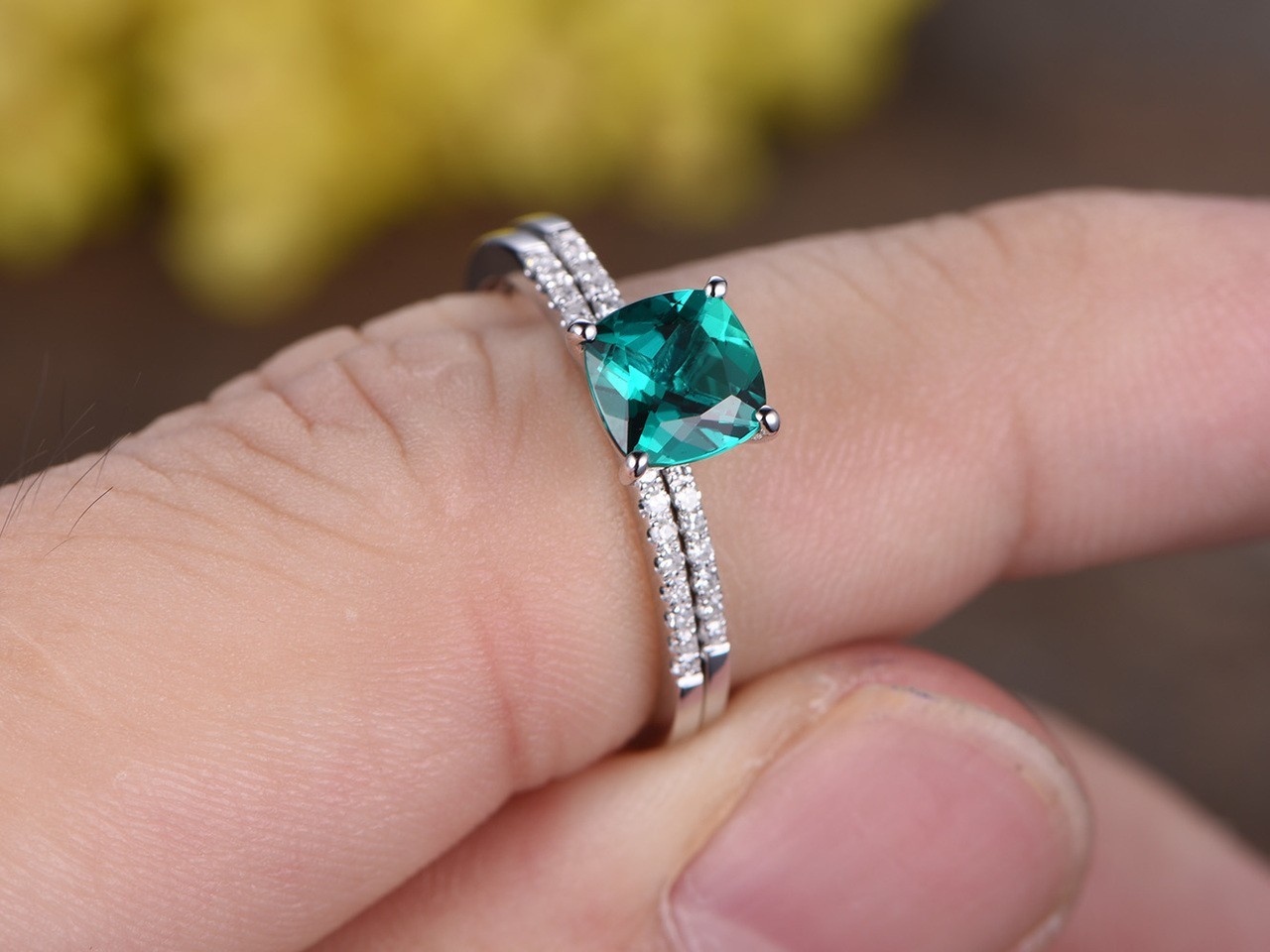 1.30 Ct Cushion Cut Natural Emerald Diamond Wedding Ring 14K White Gold Size 7