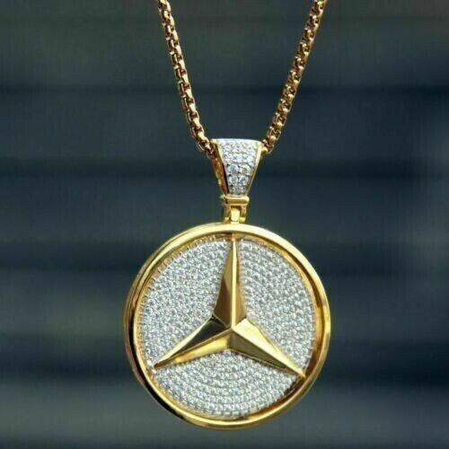 2 Ct Round Cut Diamond Mercedes Pendant With Free Chain 14K Yellow Gold Finish