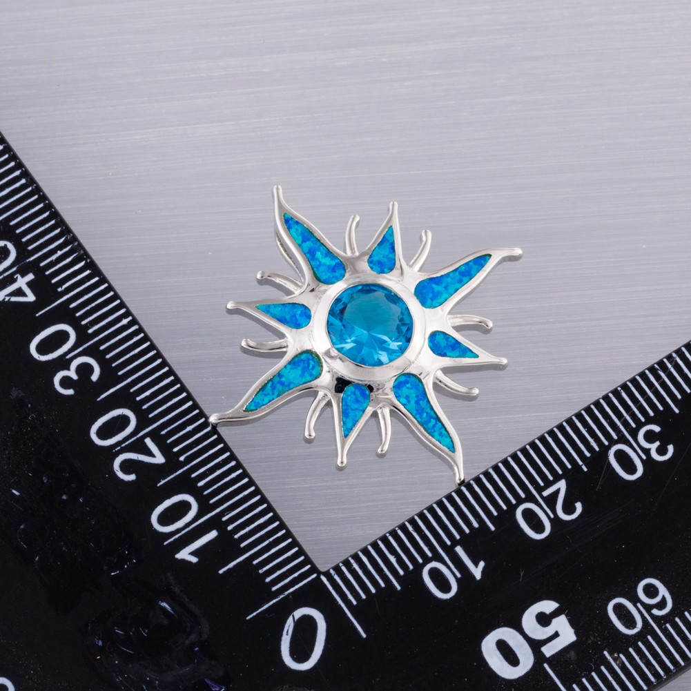Starburst Simulated Blue Topaz Blue Fire Opal Silver Jewelry Necklace Pendant