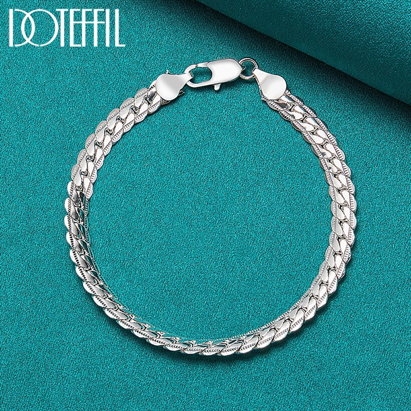 925 Sterling Silver Bracelet 6mm Flat Side Chain Men Women Wedding Jewelry Gift