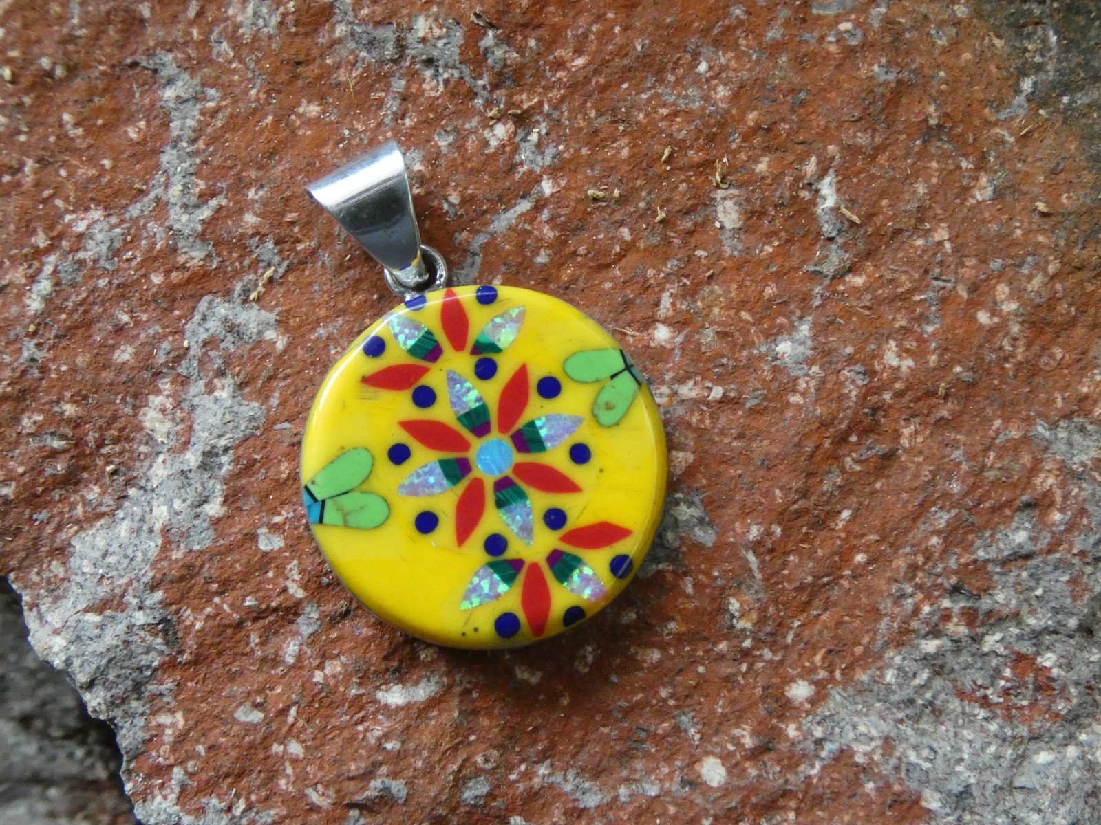 Flower Mosiac Micro Inlay Gemstone Sterling Silver Aluminum Alloy Pendant AT10