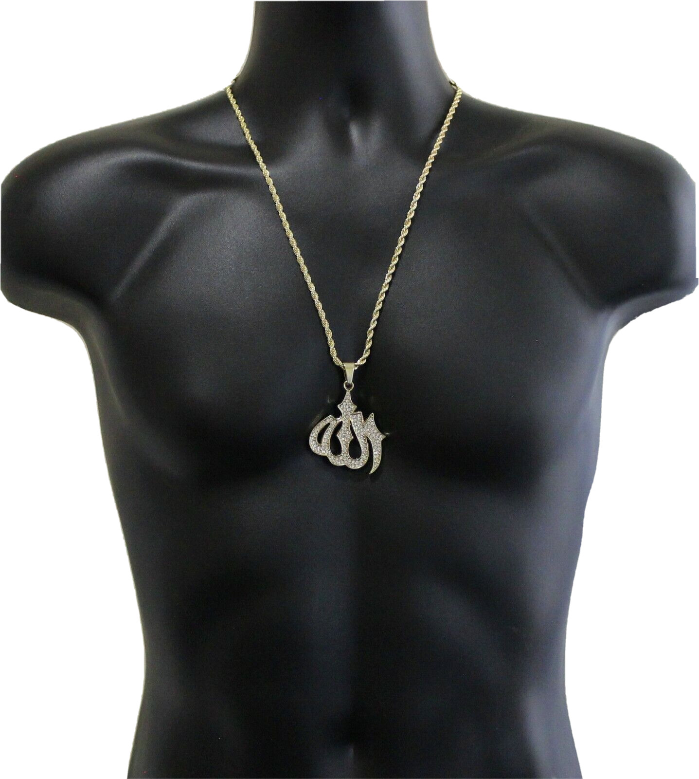 Large Iced Allah Rhinestone Pendant 14k Gold Plated 24″ Rope Necklace Hip Hop