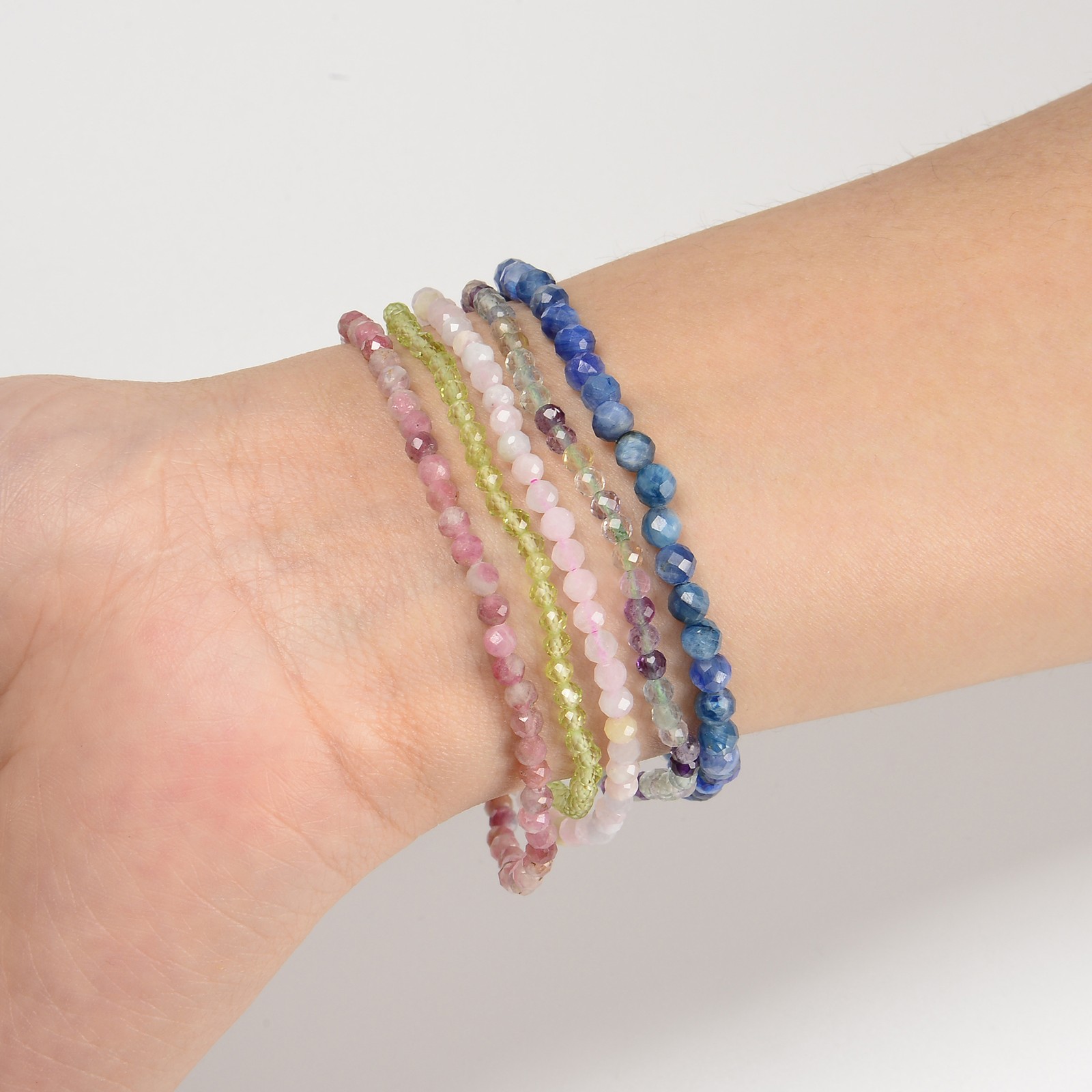 02-Natural Gemstone Faceted Round Beaded Elastic Bracelet 2mm 3mm 4mm 7.5” Long