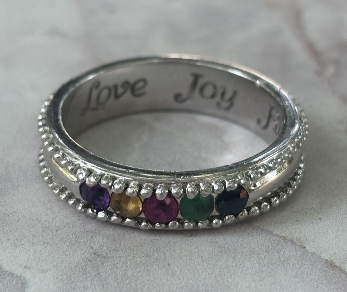 925 Sterling Silver Multi Gemstone Band Ring Love Joy Hope Beauty Peace Sz 7