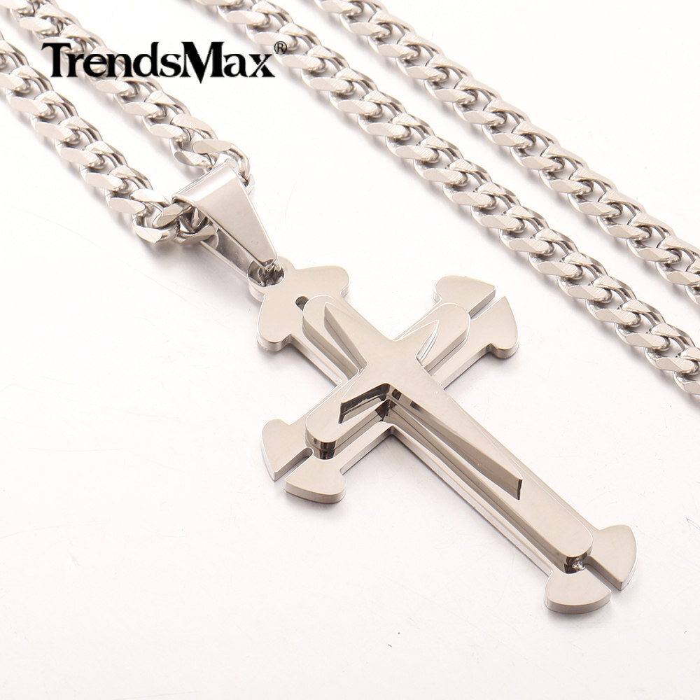 16-30″ Stainless Steel Double Layer Cross Pendant Necklace with Curb Cuban Chain