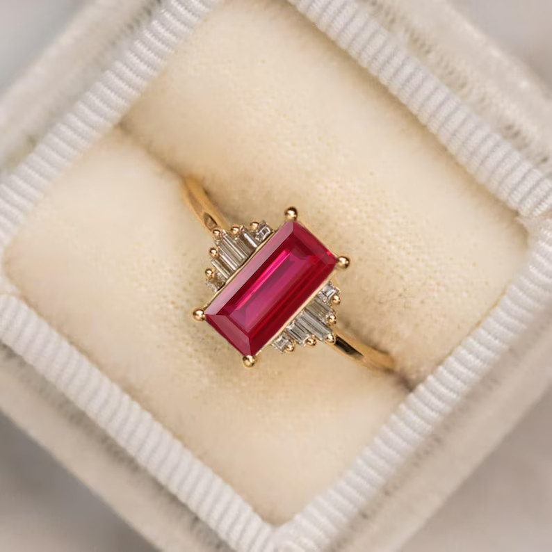 2.80 Ct Baguette Cut Simulated Ruby 14k Yellow Gold Plated Fancy Engagement Ring