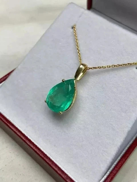 Natural Green Emerald 3.00Ct Pear Cut Teardrop Pendant 14k Yellow Gold Plated
