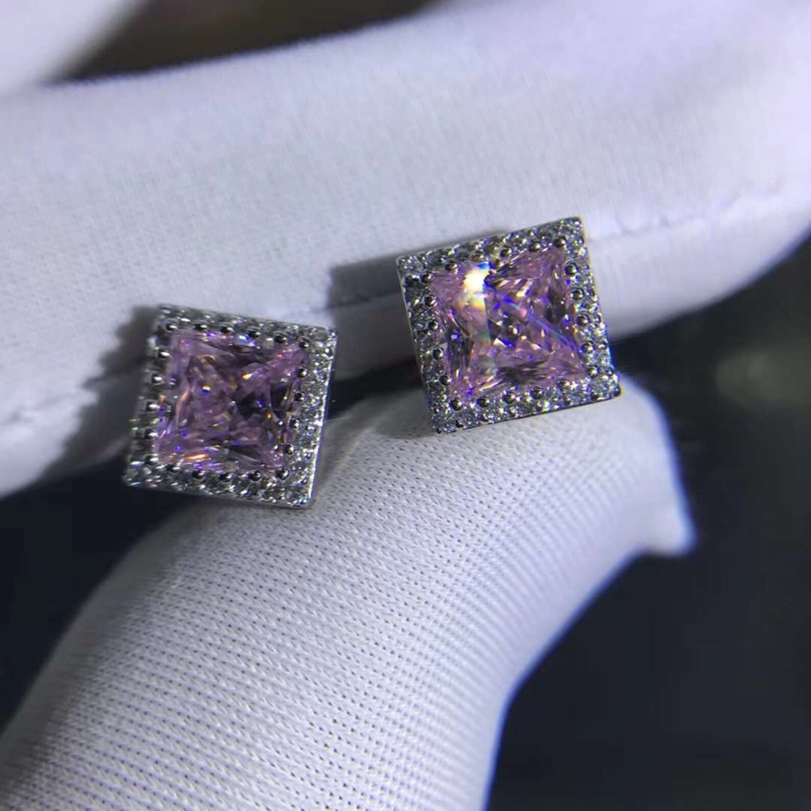 Certified 3 Ct , Princess Cut – Pink Diamond Studs, Gift For Love-Tariffs FREE.