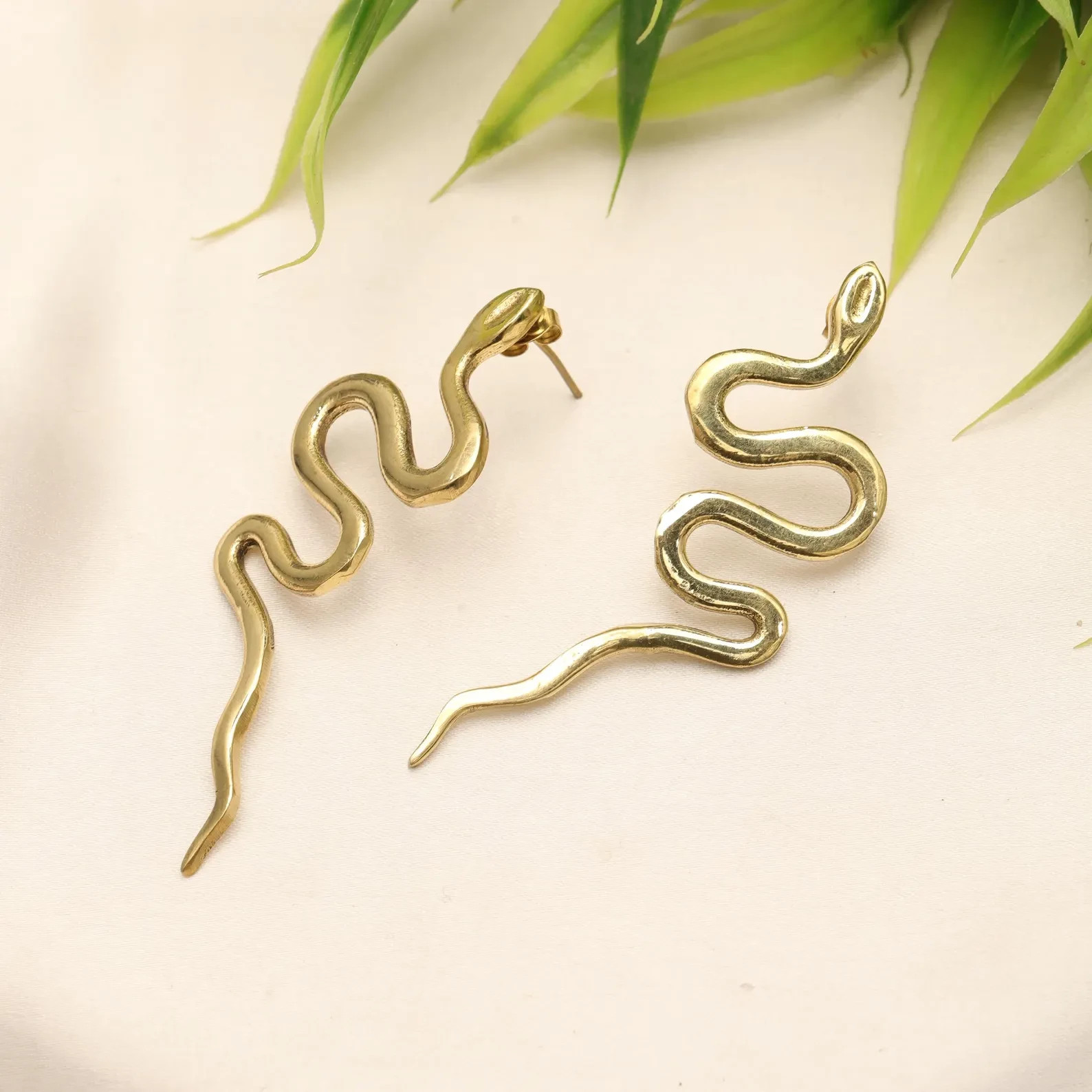 Snake Drop Earrings | Serpent Brass Earrings | Curved Snake Stud Earrings |