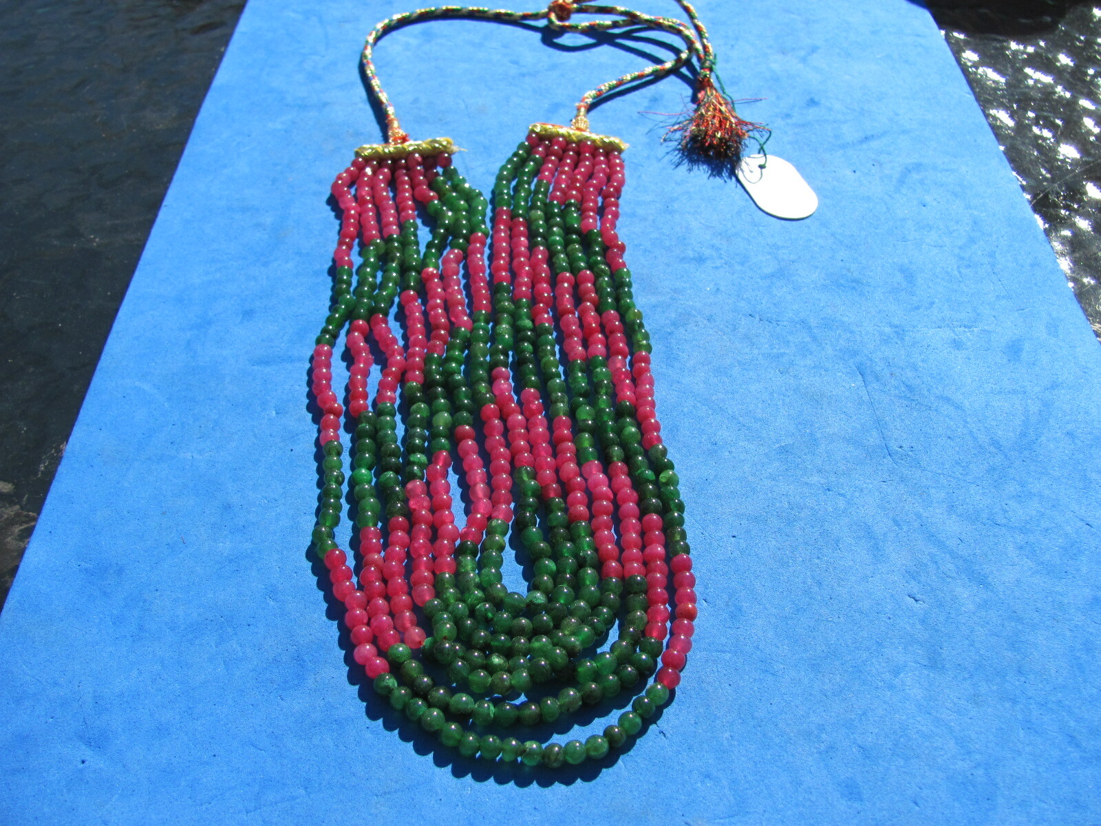 FANTASTIC RUBY /Emerald 7 line necklace 18 inches to 36 inches adjustable