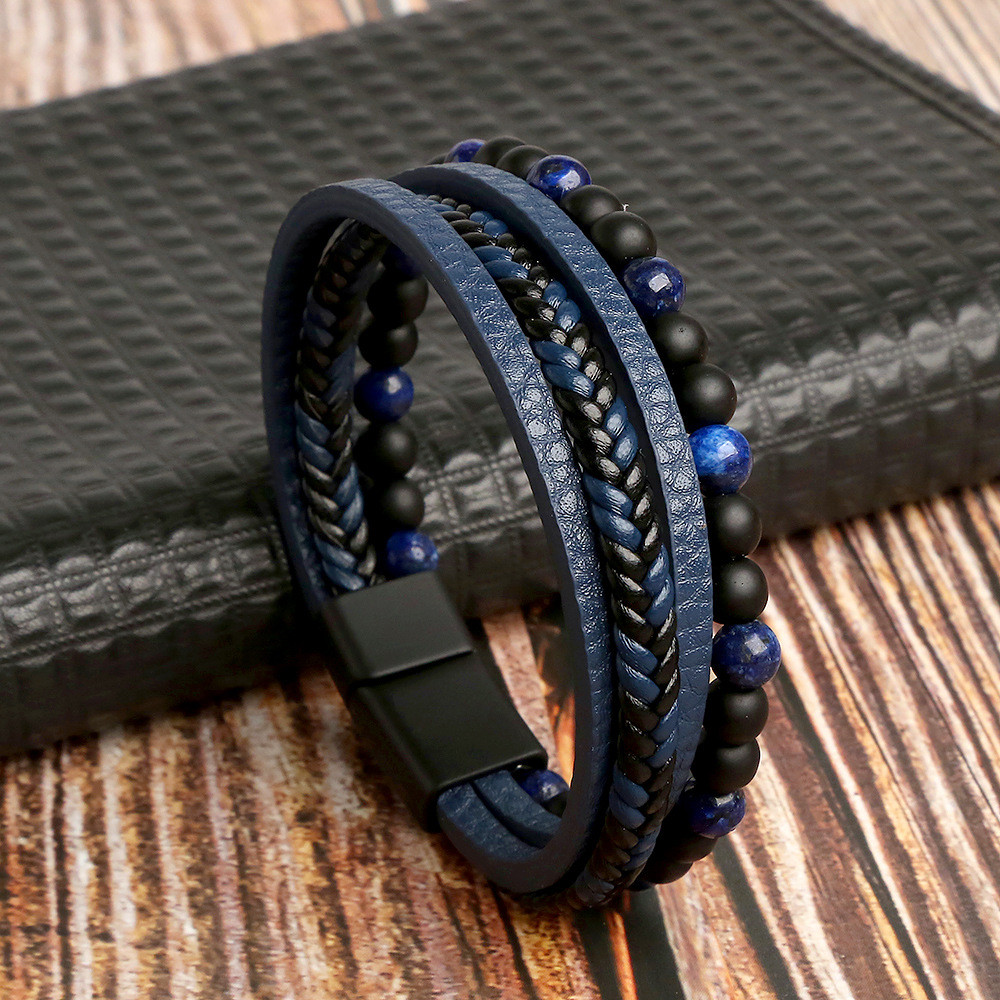 Men’s Layered Braided Leather Beaded Bracelet With Tiger Eye, Natural Stone