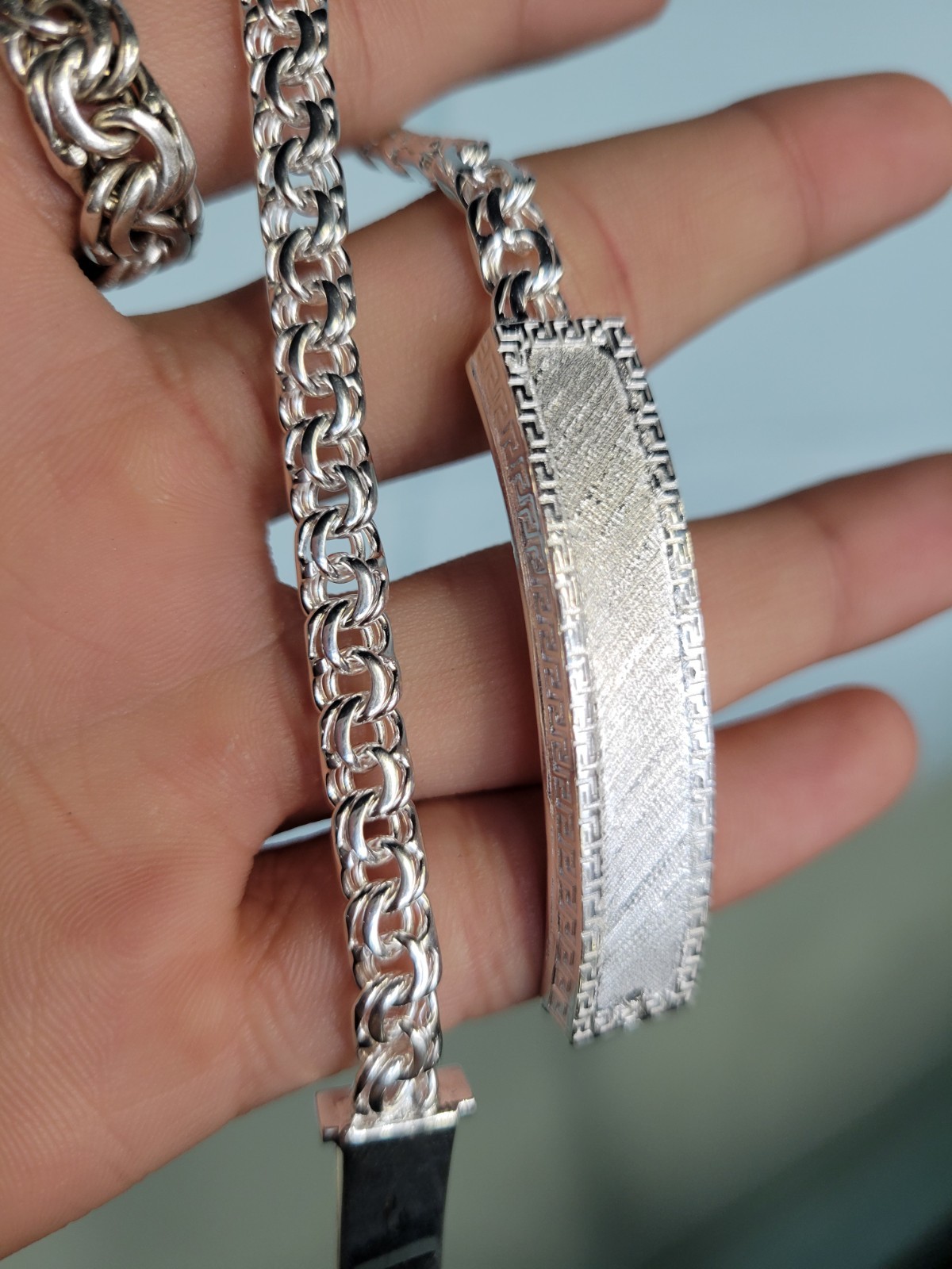 925 Sterling Silver Chino Link Solid Bracelet Greek Border Plate 8″ 6mm 22grams.