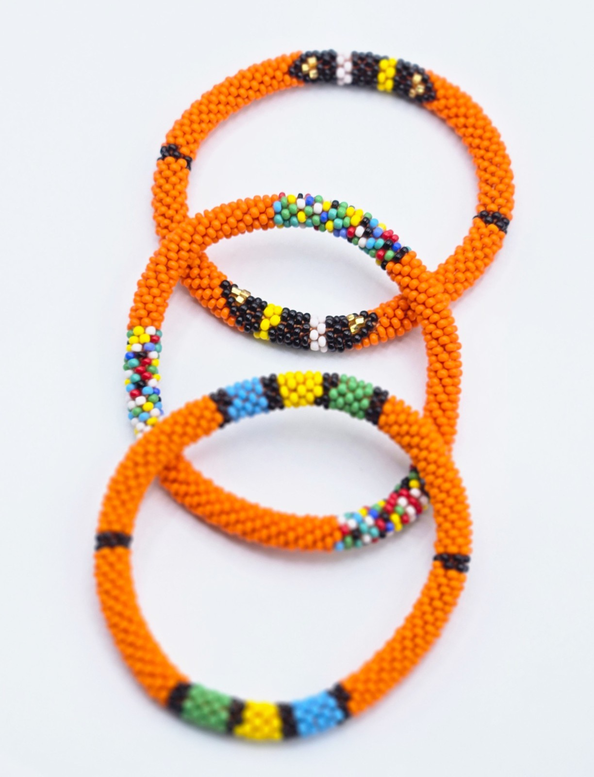 Set of 3 Handmade Glass Seed Bead Beaded Multi Color Stackable Crochet Bracelets