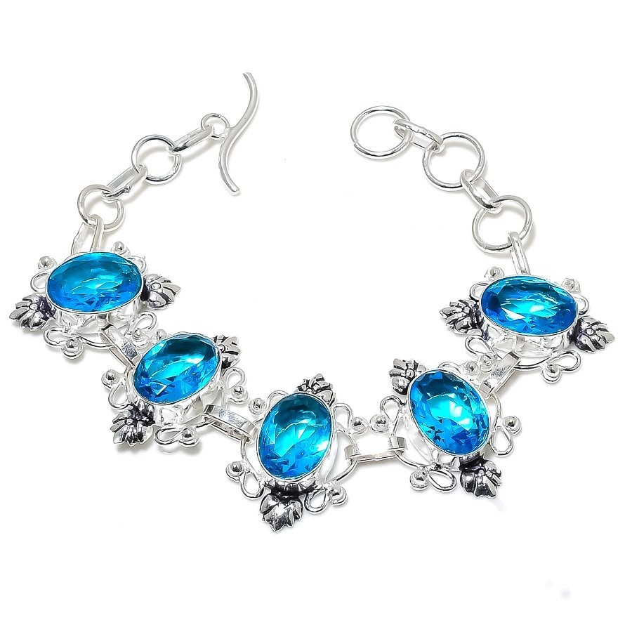 Swiss Blue Topaz Gemstone Handmade 925 Sterling Silver Jewelry Bracelet Size 7-8