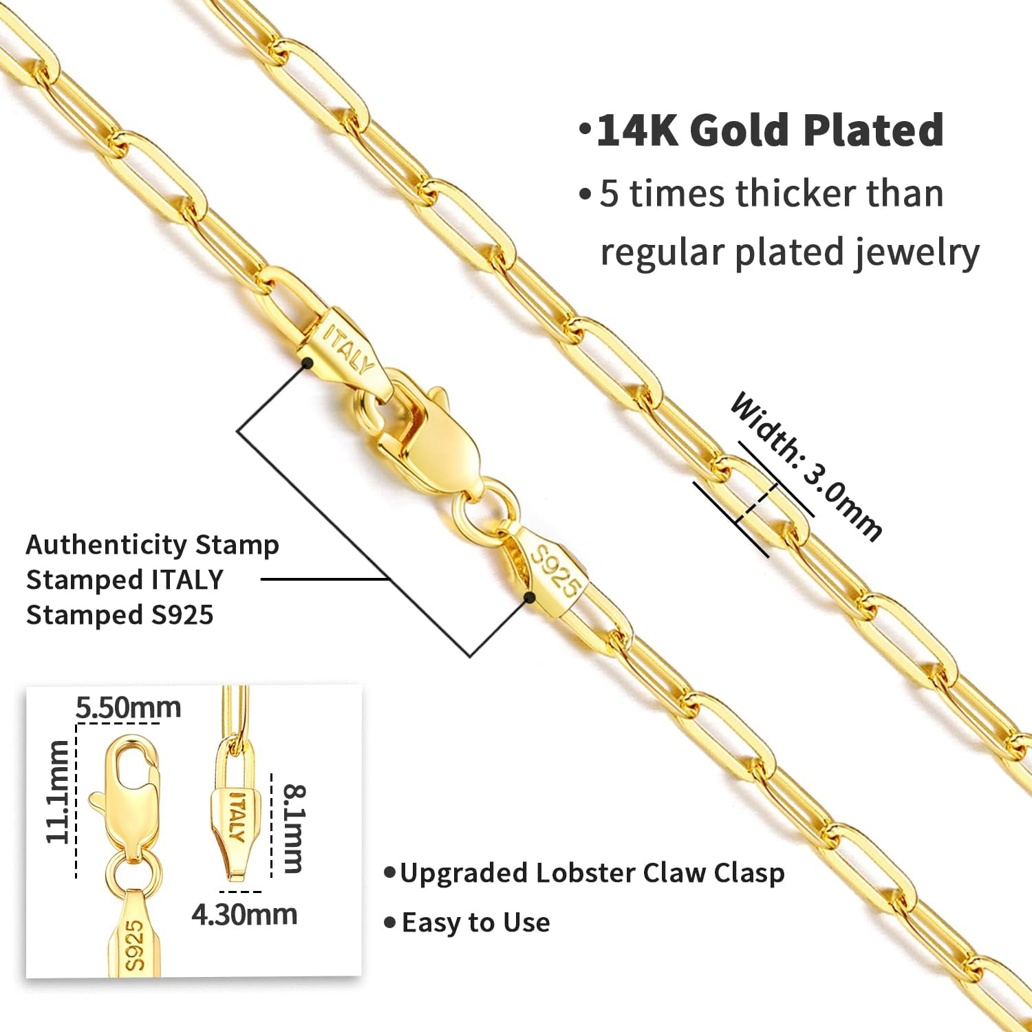 14K Gold Plated 925 Sterling Silver Paperclip Chain Necklace for Women, 2.5Mm 3M