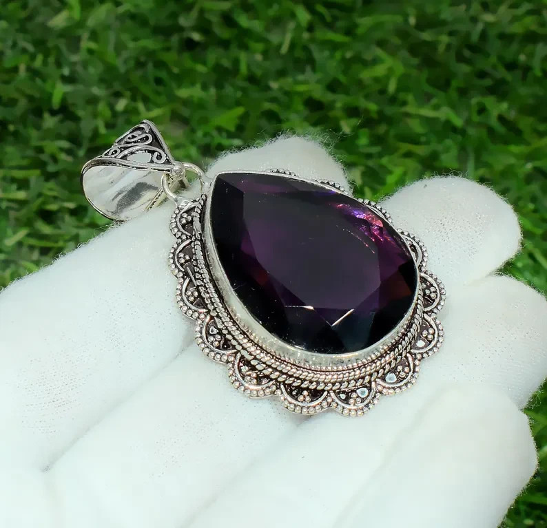 Purple Amethyst Gemstone Handmade 925 Sterling Silver Jewelry Pear Cut Pendant