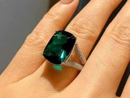 3Ct Cushion Cut Lab-Created Green Emerald Engagement Ring 14k White Gold Plated
