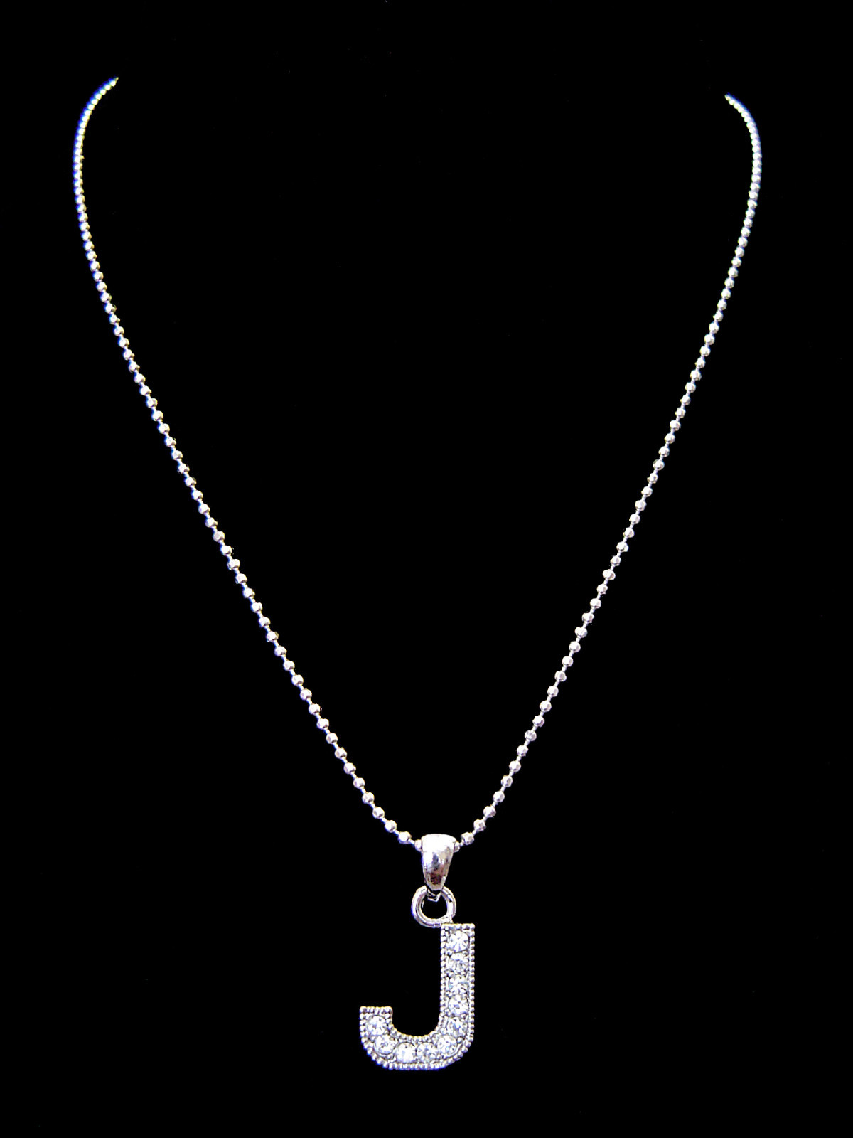 “J” LETTER INITIAL ALPHABET PENDANT CHARM NECKLACE SILVER TONE CRYSTAL 5 COLORS