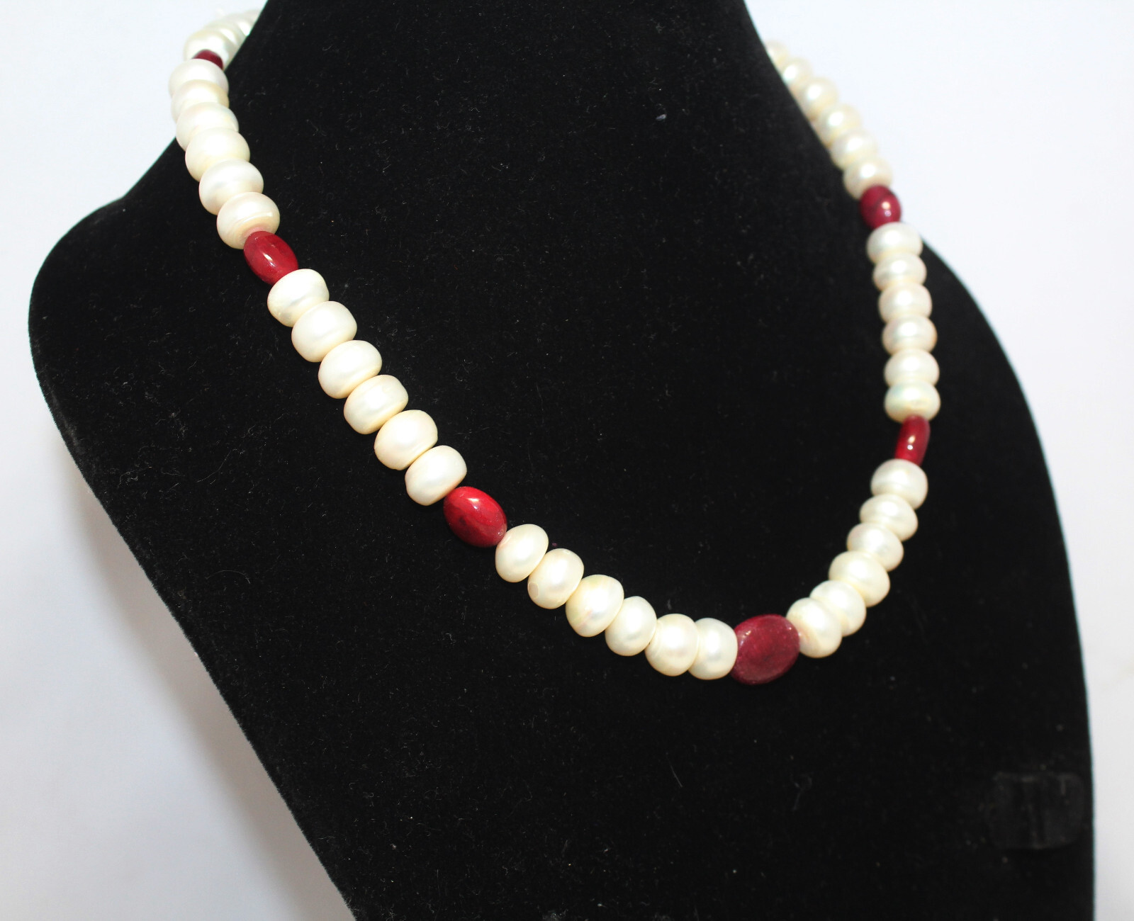 Designer Necklace Strand Ruby Manik Bead Gem Stone & Freshwater Pearl E977
