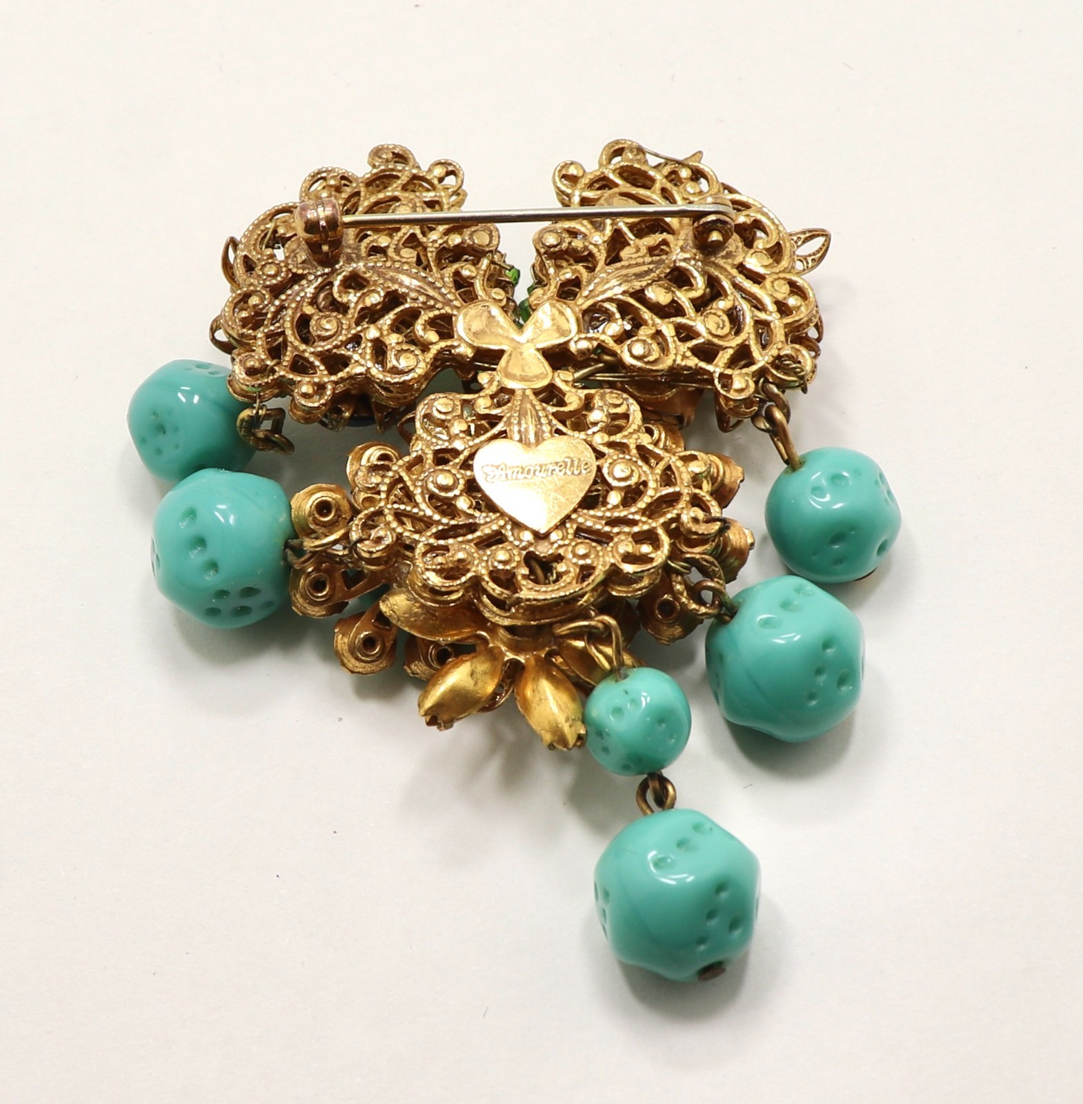 VINTAGE AMOURELLE FRANK HESS FLORAL BEADED DANGLING BROOCH