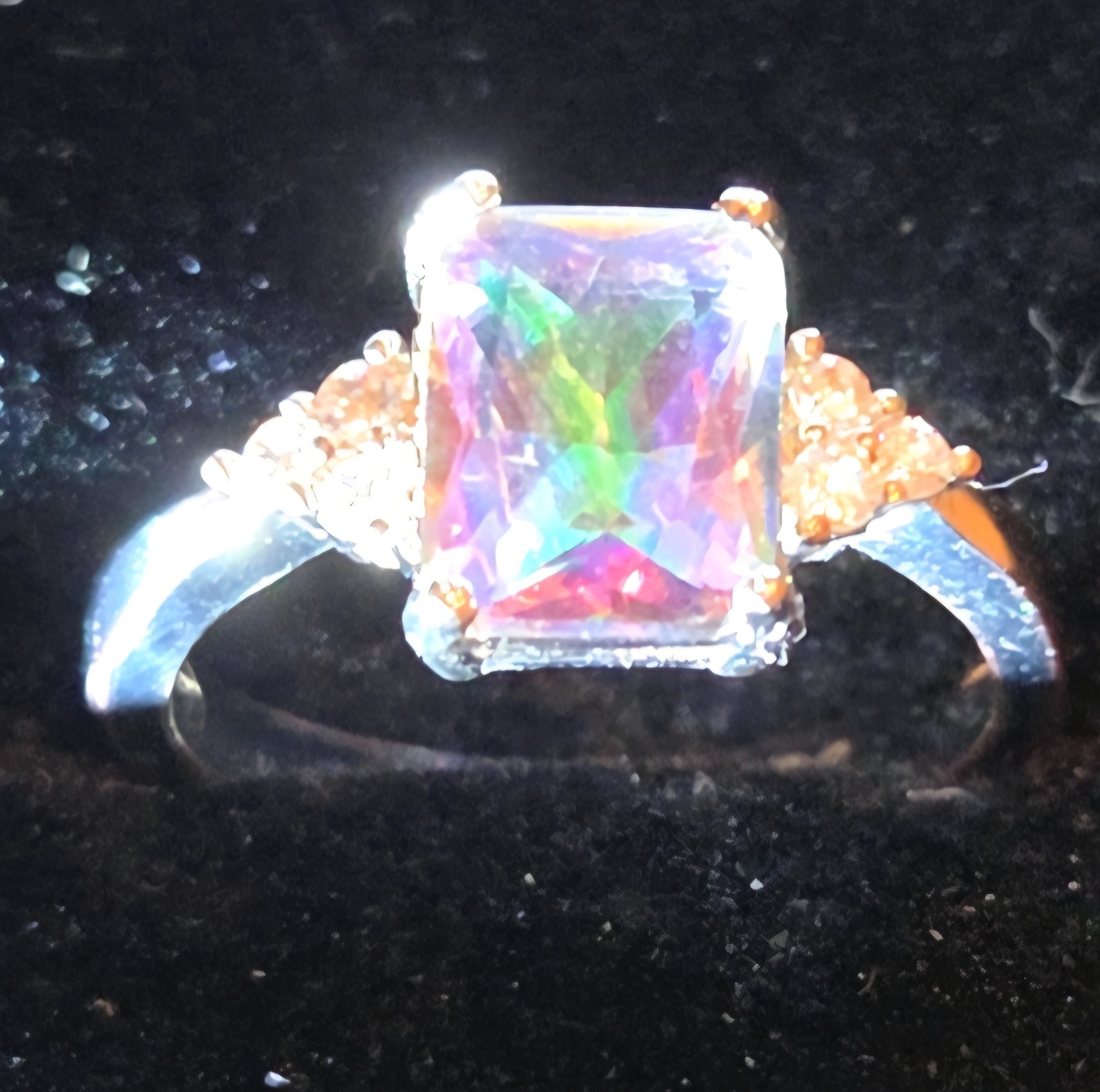 Sterling 925 Emerald Cut Multi Mystic Topaz Size 7 Ring w/6 Clear Accent Stones
