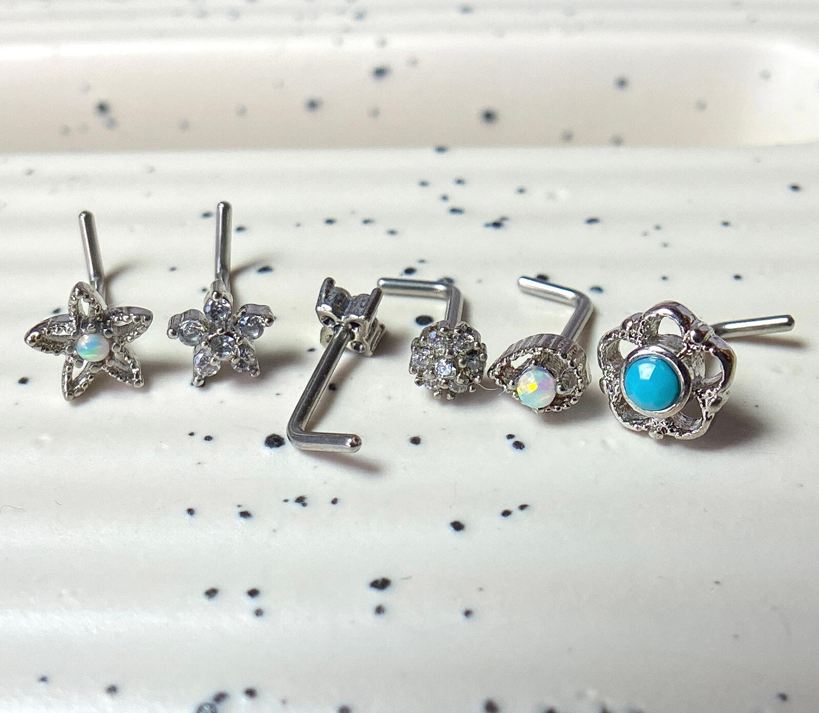 6pc Box Value Pack Opal / Turquoise / CZ Gem Shapes 20g Steel L-Bend Nose Rings