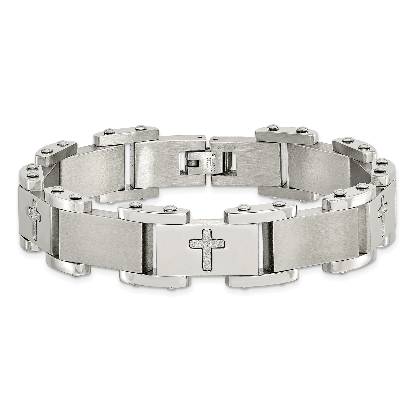Chisel Stainless Steel Brushed Polished and Laser Cut Crosses 8.75 inch Link Bra