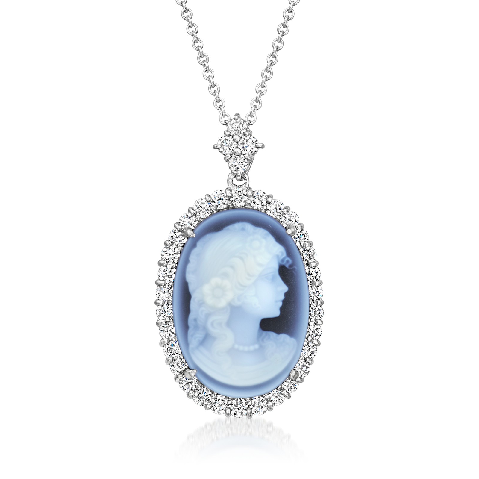 Vint Blue Agate Cameo Ncklc w Diamonds in Platinum 16 inches