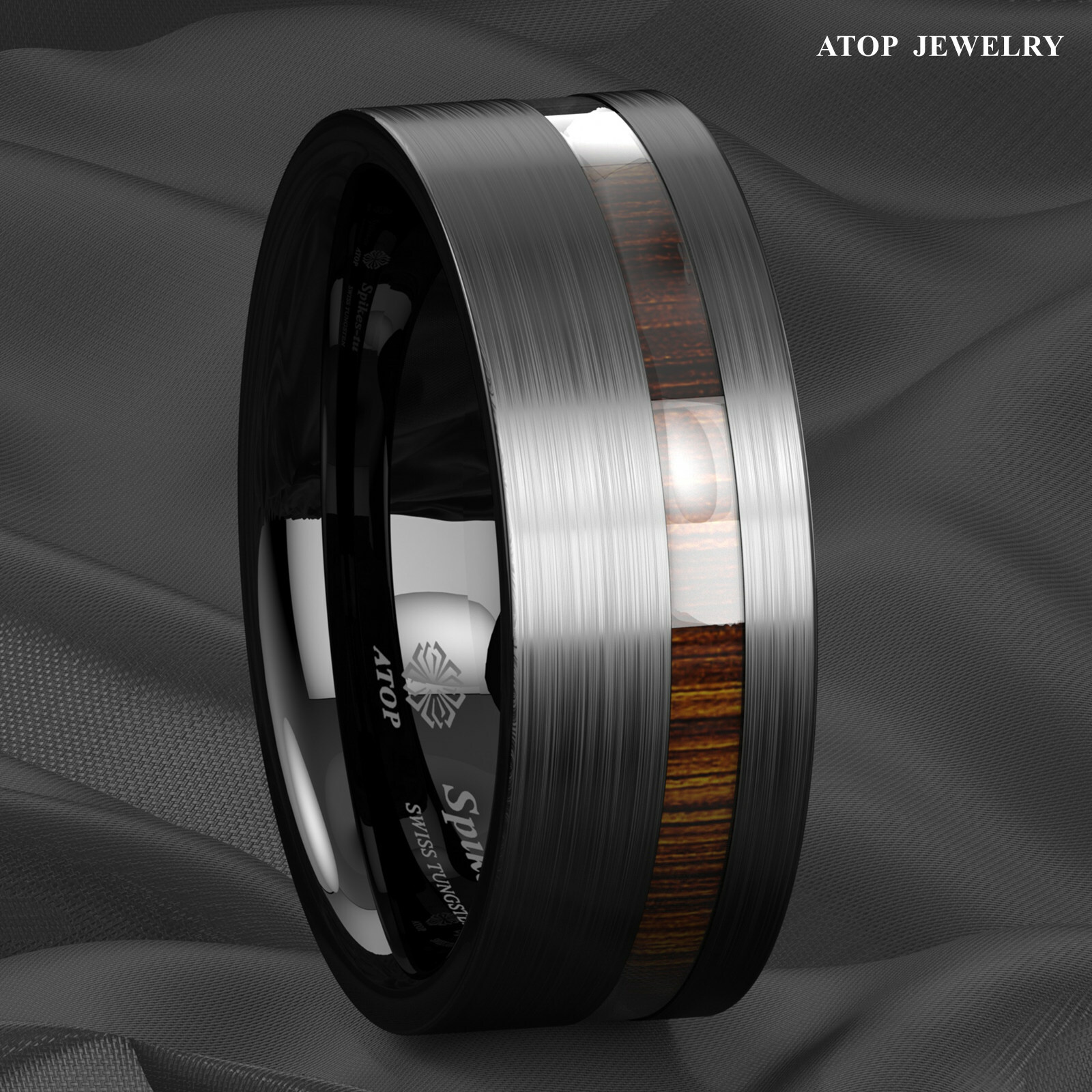 8mm Black Brushed Tungsten Carbide Ring Off Center Koa Wood ATOP Wedding Band