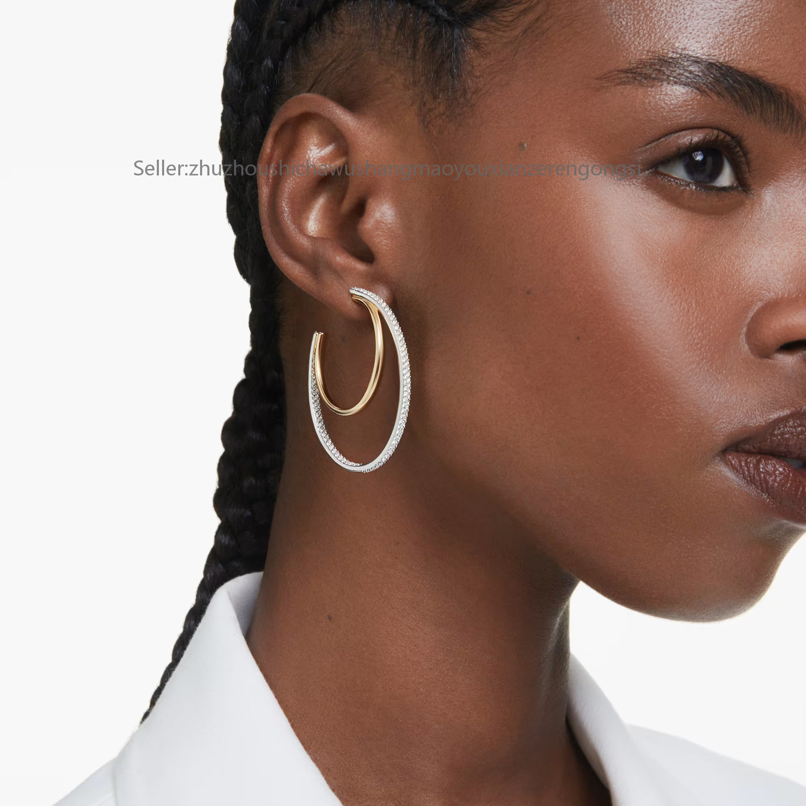 Hyperbola White Mixed Metal Finish Hoop Earrings Round Cut Medium New