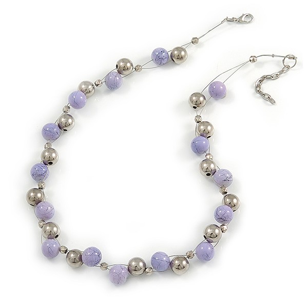 13mm Beaded Wired Necklace in Silver Tone/ Lavender Ceramic/ 50mm L/ 4cm Ext
