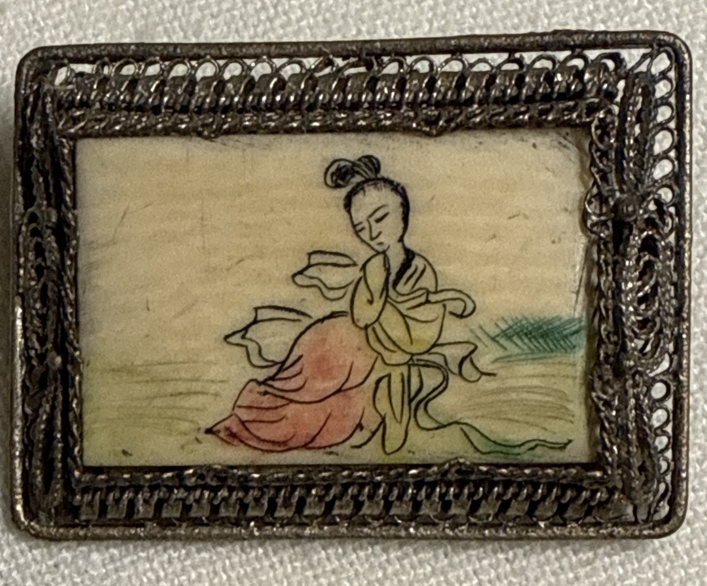 Vintage China/Asian Filigree Silver Brooch Pin. Carved Tile, Woman