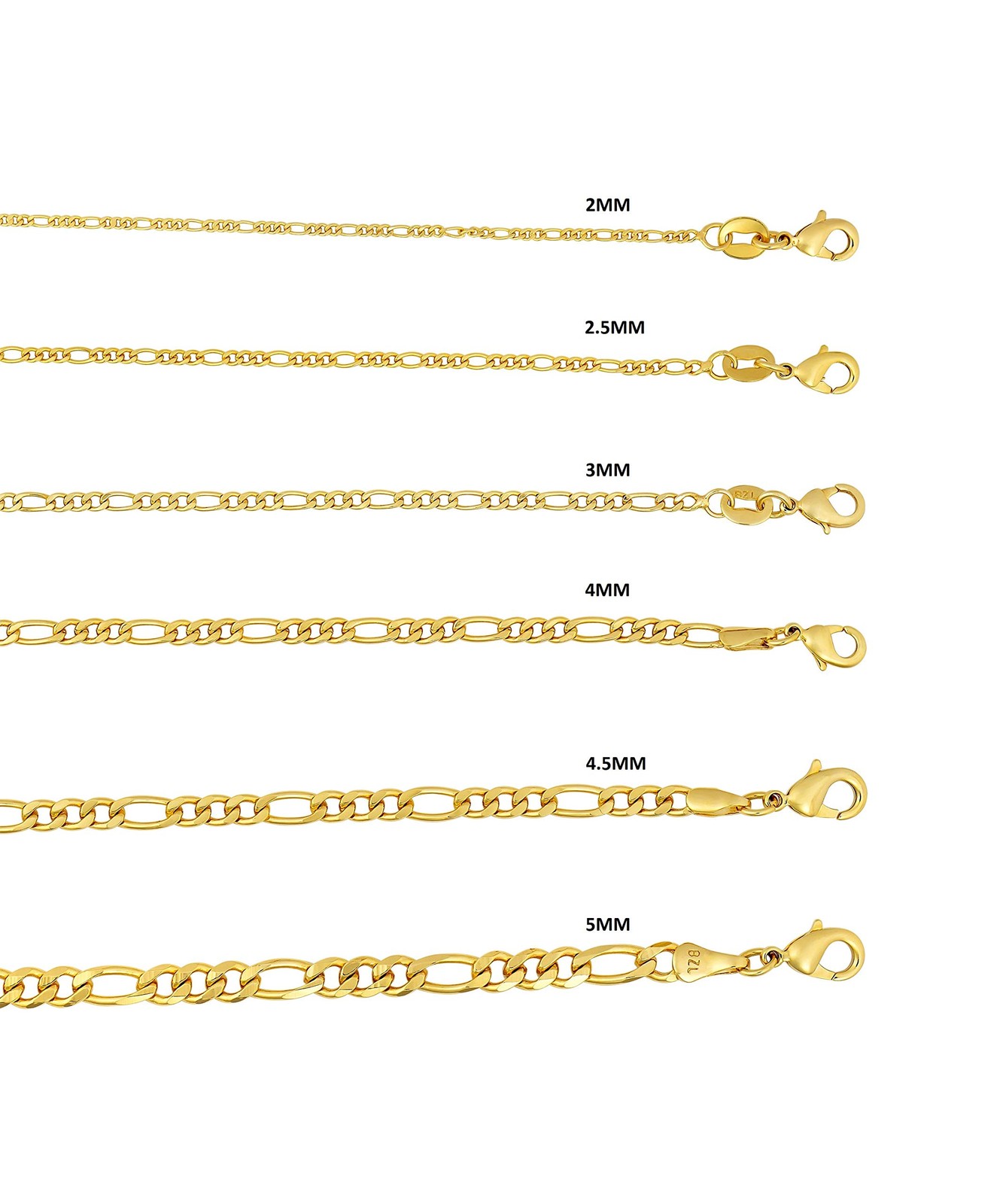 Barzel 18K Gold Plated Figaro Chain Necklace 2MM, 2.5MM, 3MM, 4MM, 4.5MM & 5M…