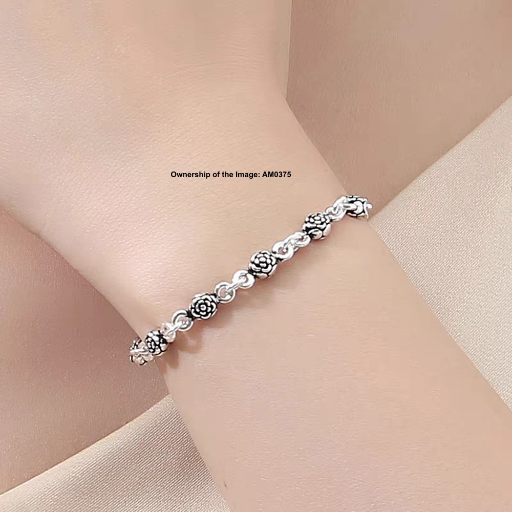 Gift-Ready Pure 925 Sterling Silver ROLO Chain Bracelet with Rose Pattern Beads