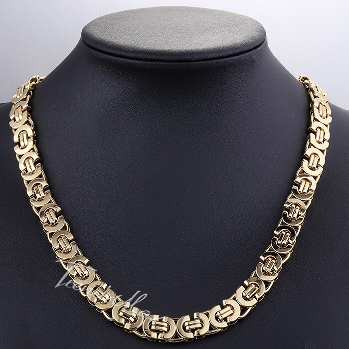 11mm Mens Chain Gold Plated Flat Byzantine Stainless Steel Necklace Chain Gift