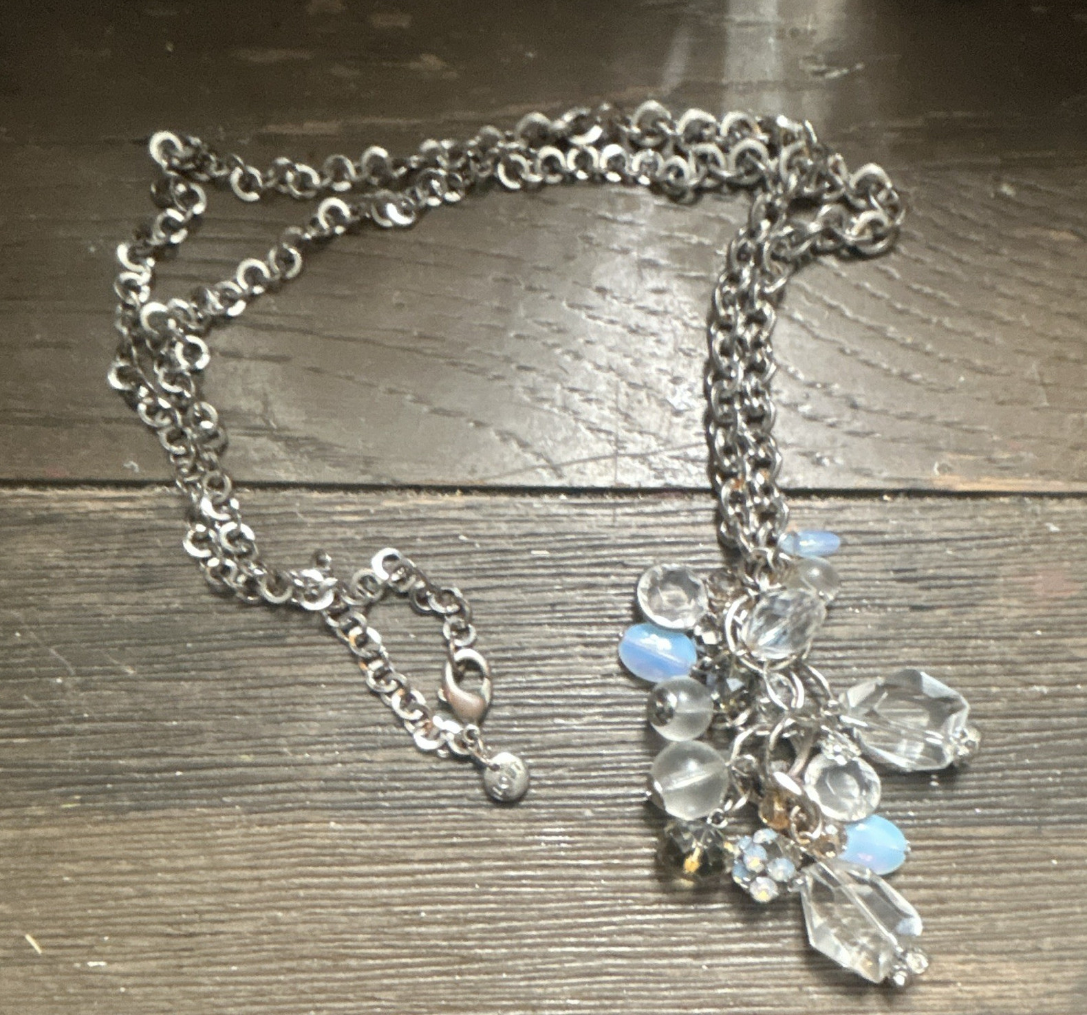 LOFT Silver Tone Cable Chain Necklace Blue & Clear Crystal MoonstoneCharm Signed