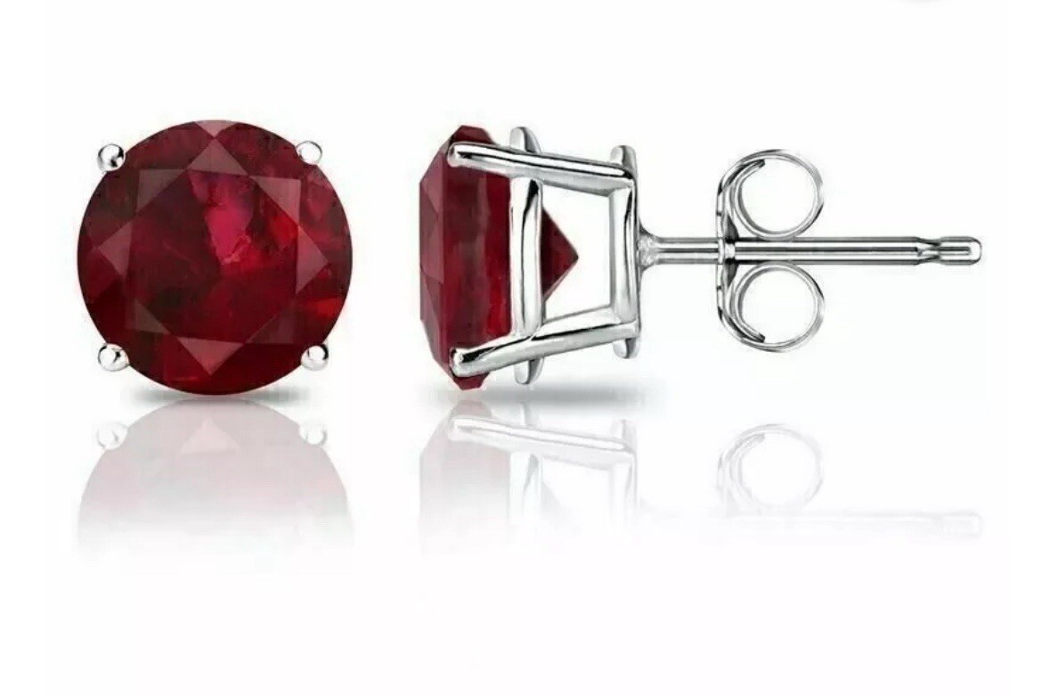 4 Ct Round Cut Lab Created Red Ruby Stud Earrings 14K White Gold 7mm Push Back