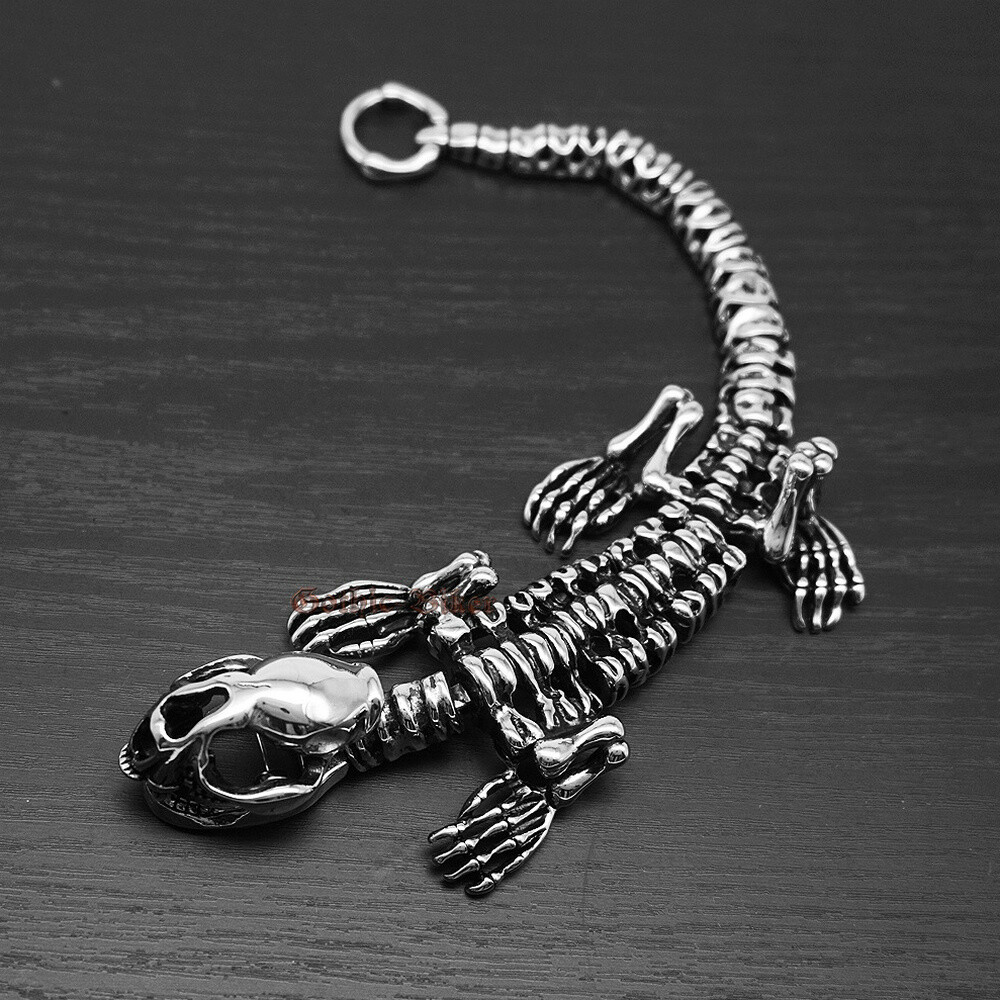 Mens Boys Punk Huge Heavy Dinosaur T Rex Skeleton Skull Stainless Steel Bracelet