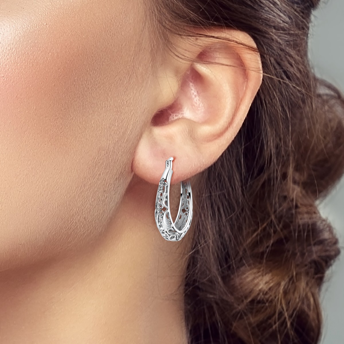 LAZA European 925 Sterling Silver Hoop Earrings Hollow Flower for Women Jewelry