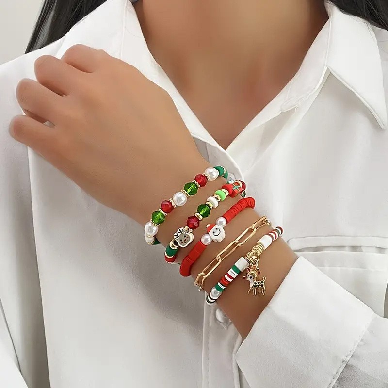 4 Sets Stackable Stretch Christmas Beaded Bracelets Holiday Party Gifts