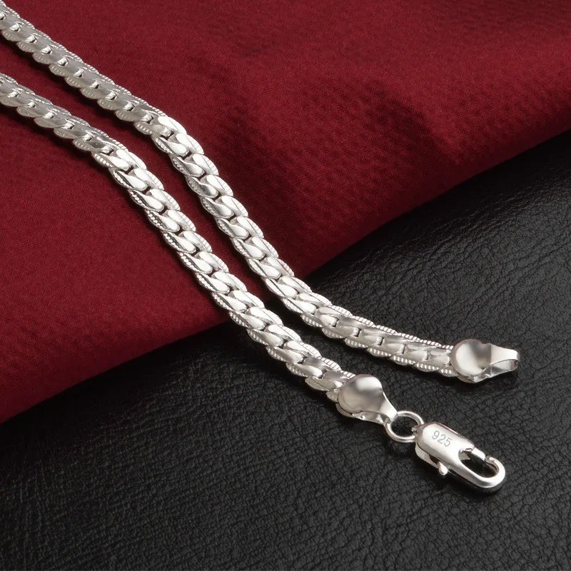 925 Sterling Silver 5mm Side Chain Necklace Bracelet Set Kit Men Women Gift