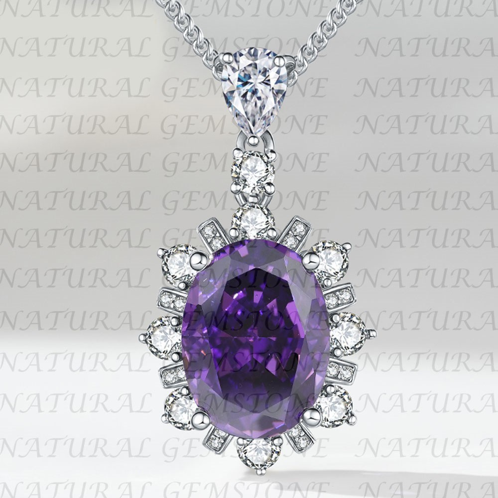 6.80Carat Oval Shape Natural Amethyst and Diamond Pendant 18K White Gold Plated