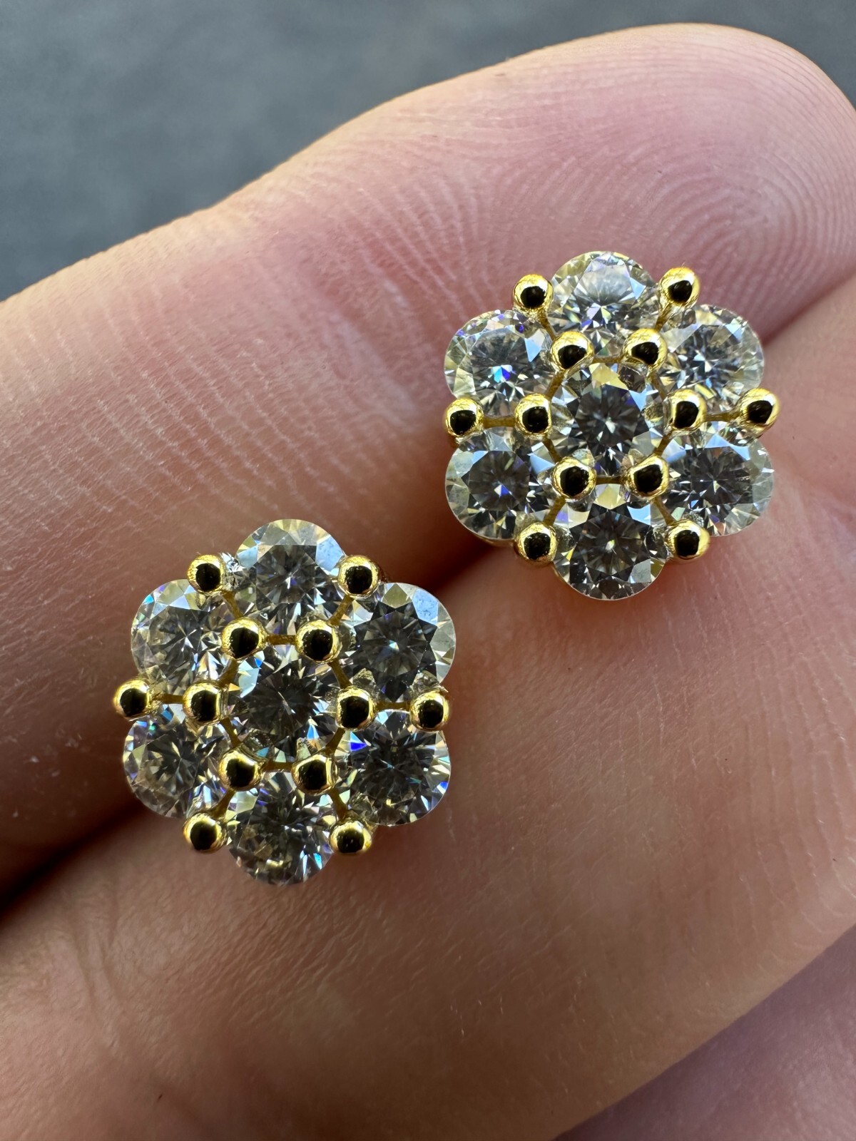 Moissanite Studs Iced Cluster Flower Set Earrings Real 14k Gold Over 925 Silver