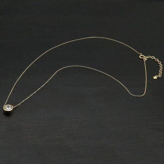6.5mm Round Bezel Set Real Moissanite Solitaire Necklace 18K Yellow Gold Plated