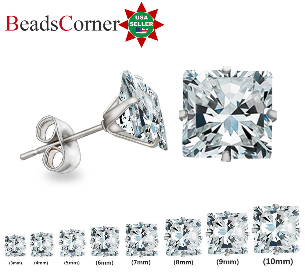 Surgical 316L Stainless Steel Stud Earrings Cubic Zircon Square Men Women 2PC